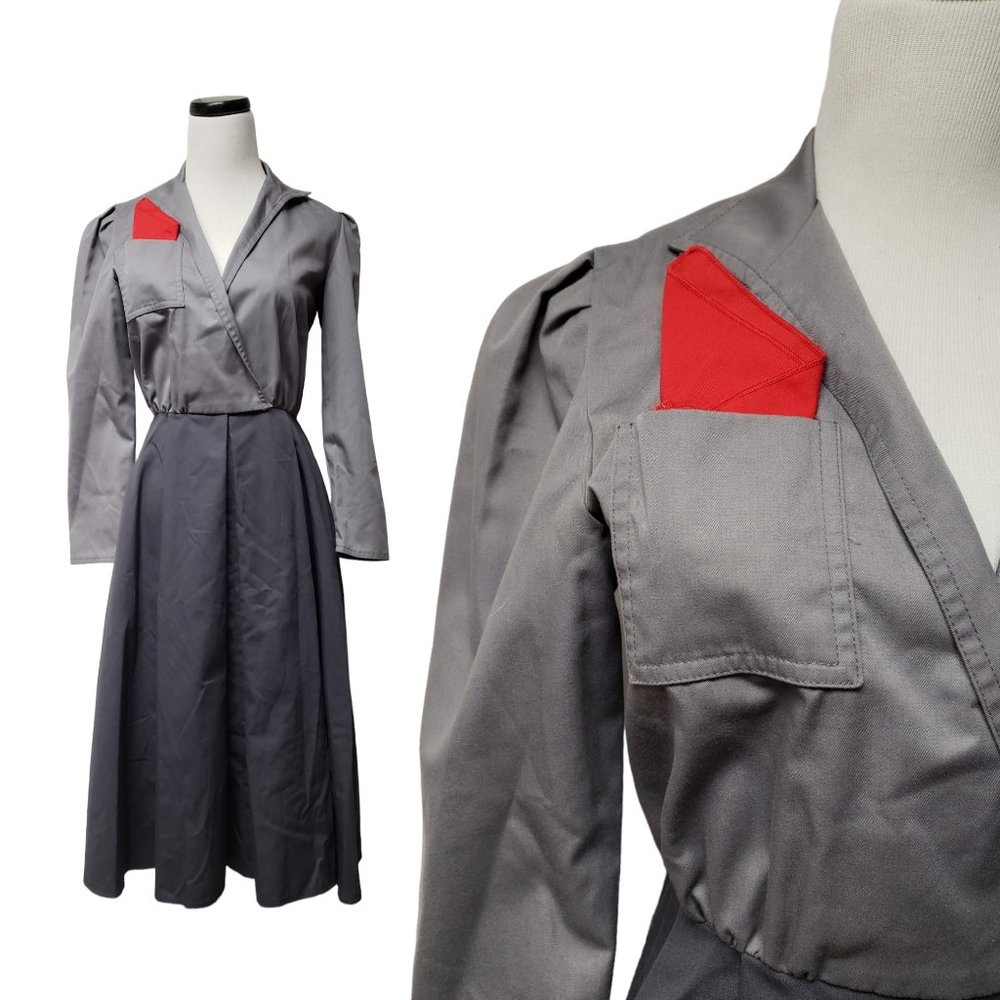70s - 80s Caron 2 tone gray long sleeve overlap dress . fits Xs to small